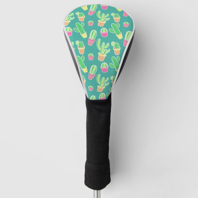 Neon Watercolor Cactus In Pots Pattern Golf Head Cover (Front)