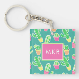 Neon Watercolor Cactus In Pots Pattern Key Ring
