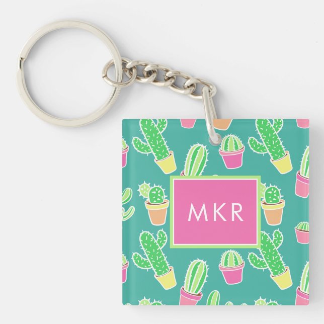 Neon Watercolor Cactus In Pots Pattern Key Ring (Front)