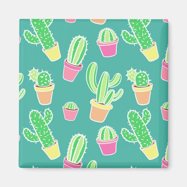 Neon Watercolor Cactus In Pots Pattern Magnet (Front)