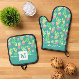 Neon Watercolor Cactus In Pots Pattern Oven Mitt & Pot Holder Set