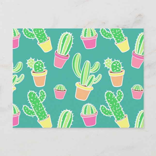 Neon Watercolor Cactus In Pots Pattern Postcard (Front)