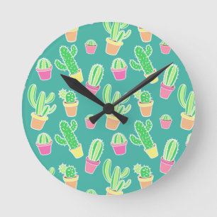 Neon Watercolor Cactus In Pots Pattern Round Clock