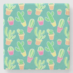 Neon Watercolor Cactus In Pots Pattern Stone Coaster