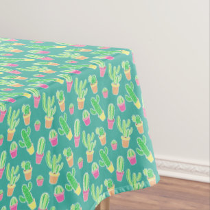 Neon Watercolor Cactus In Pots Pattern Tablecloth