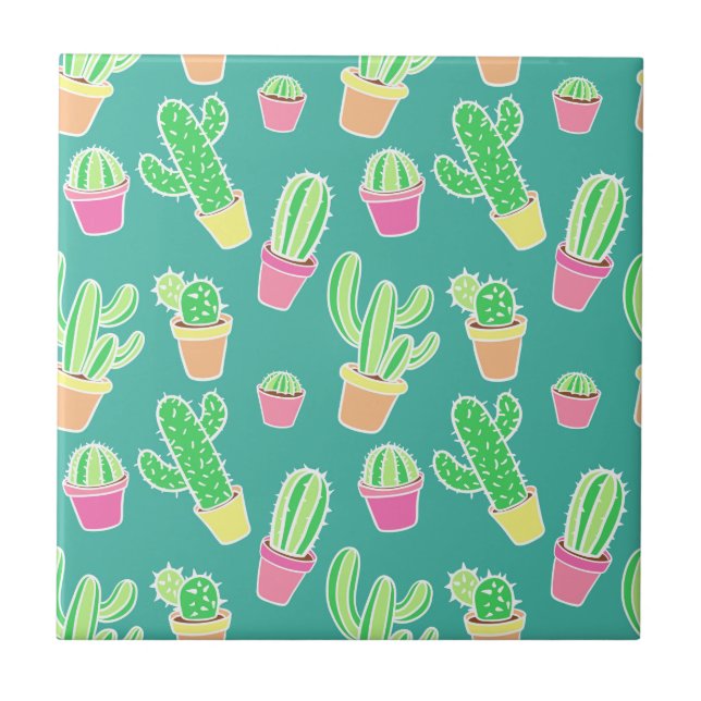 Neon Watercolor Cactus In Pots Pattern Tile (Front)