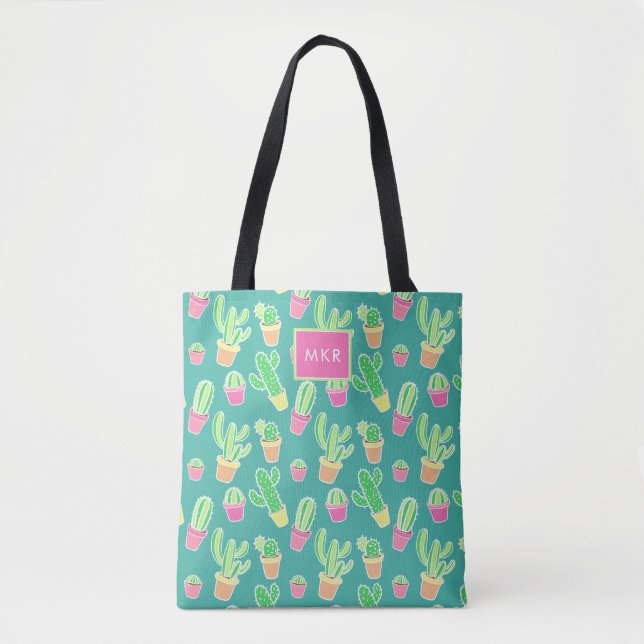 Neon Watercolor Cactus In Pots Pattern Tote Bag (Front)