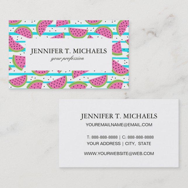Neon Watermelon on Stripes Pattern Business Card (Front/Back)