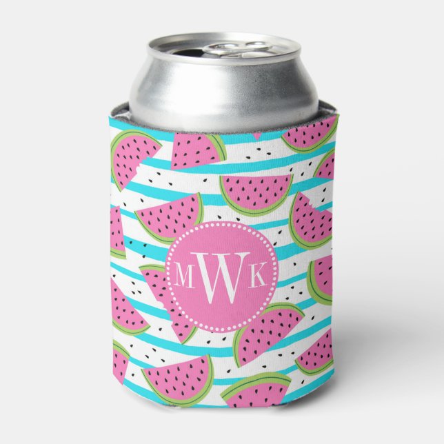 Neon Watermelon on Stripes Pattern Can Cooler (Can Front)