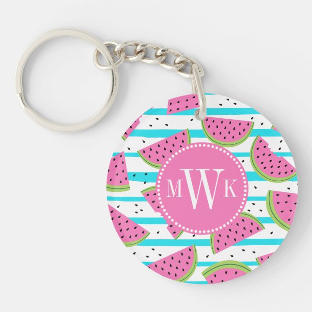 Neon Watermelon on Stripes Pattern Key Ring (Front)