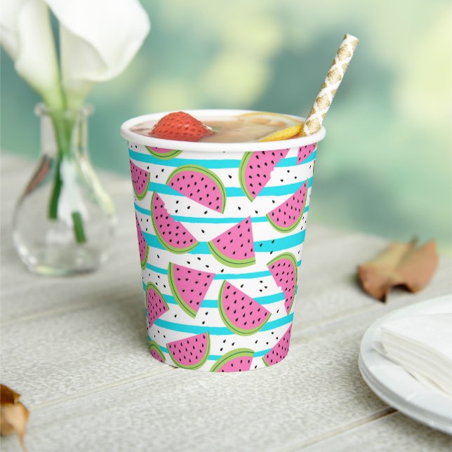 Neon Watermelon on Stripes Pattern Paper Cups (Insitu)