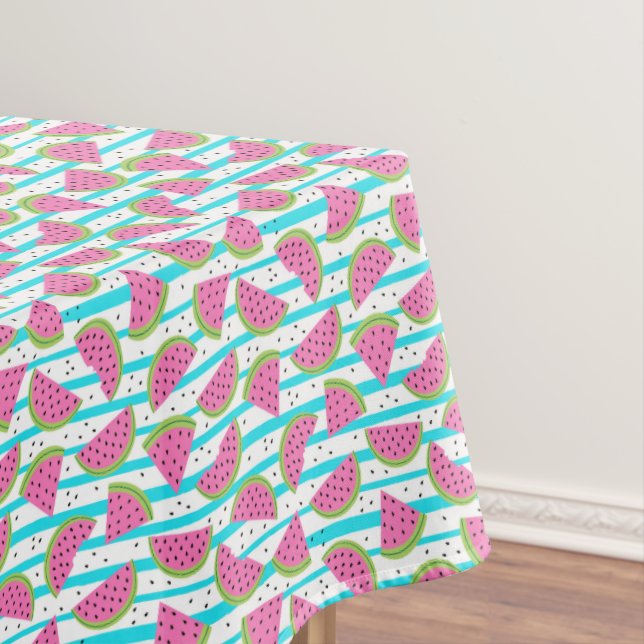 Neon Watermelon on Stripes Pattern Tablecloth (In Situ)