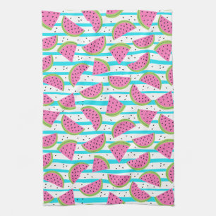 Neon Watermelon on Stripes Pattern Tea Towel