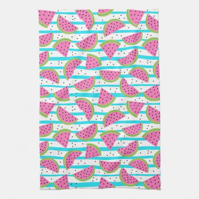 Neon Watermelon on Stripes Pattern Tea Towel (Vertical)
