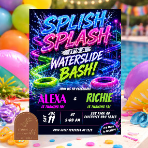 Neon Waterslide Bash Boy Girl Siblings Teenager Invitation