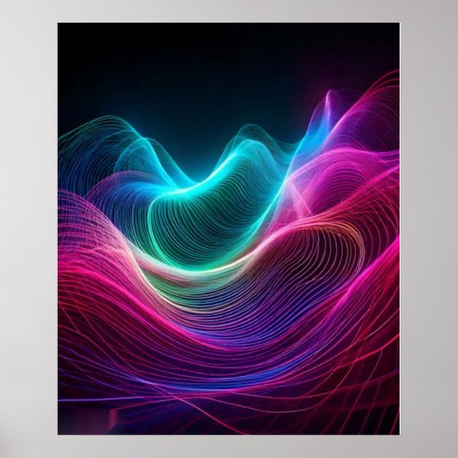 Neon Waves on Dark Abstract Digital Art Poster (Front)