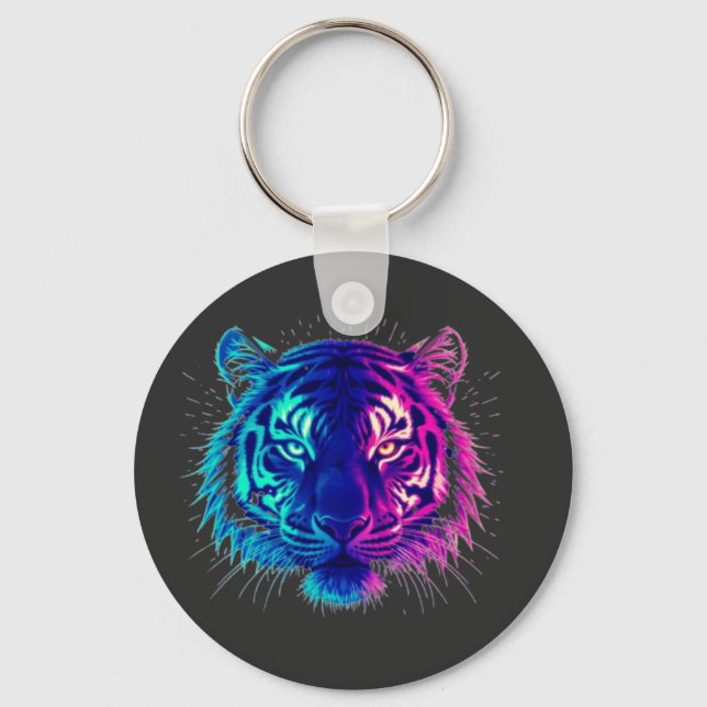 Neon White Tiger – Glowing Cyberpunk Wildlife Art Key Ring (Front)