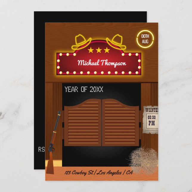 Neon Wild West Cowboy themed Graduation Party Invi Invitation (Front/Back)