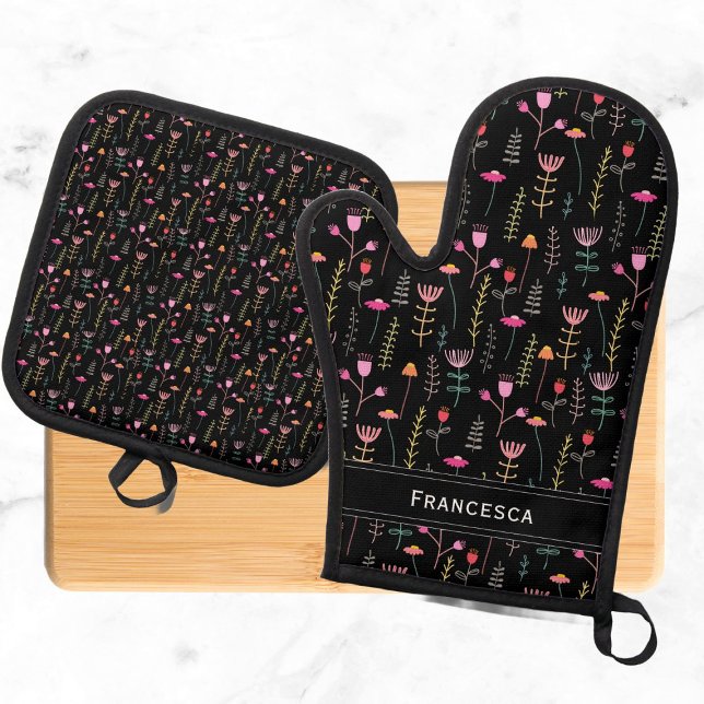 Neon Wildflowers, custom monogram  Oven Mitt & Pot Holder Set (Creator Uploaded)
