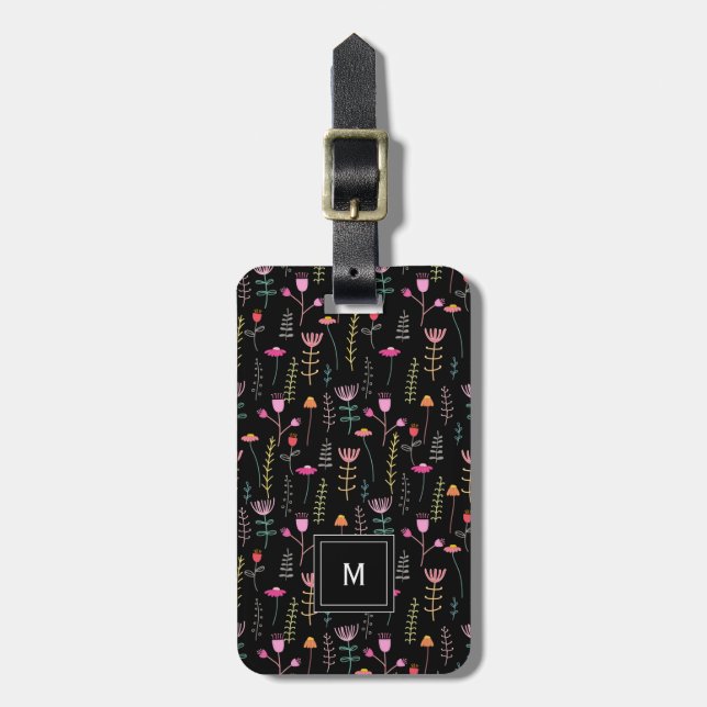Neon Wildflowers on Black,  Luggage Tag (Front Vertical)