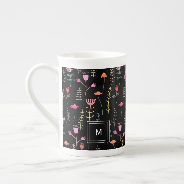 Neon Wildflowers on Black, monogrammed  Bone China Mug (Left)