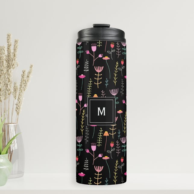 Neon Wildflowers on Black, monogrammed  Thermal Tumbler (Personalized monogram   Thermal Tumbler drink bottle with bright Wildflowers on a black background)