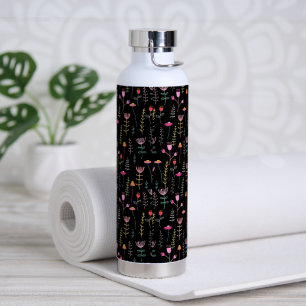 Neon Wildflowers on Black, monogrammed  Water Bottle