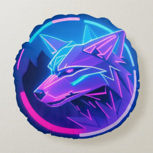Neon Wolf Face In Geometric Futuristic Style 🐺✨ Round Cushion