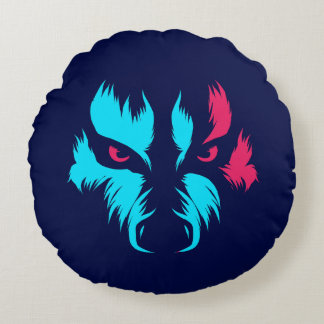 Neon Wolf Face Round Cushion