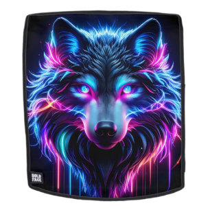 Neon Wolf Glowing Eyes Cyberpunk Futuristic Animal Backpack
