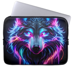 Neon Wolf Glowing Eyes Cyberpunk Futuristic Animal Laptop Sleeve