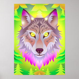 Neon Wolf in Abstract Forest Poster
