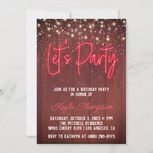 Neon Wooden Wall Let's Party Invitation
