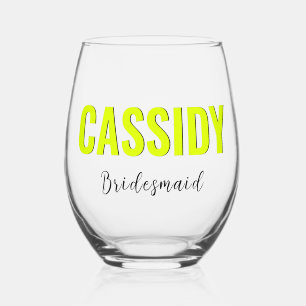Neon Yellow 3D Elegant Name Bridesmaid Stemless Wine Glass