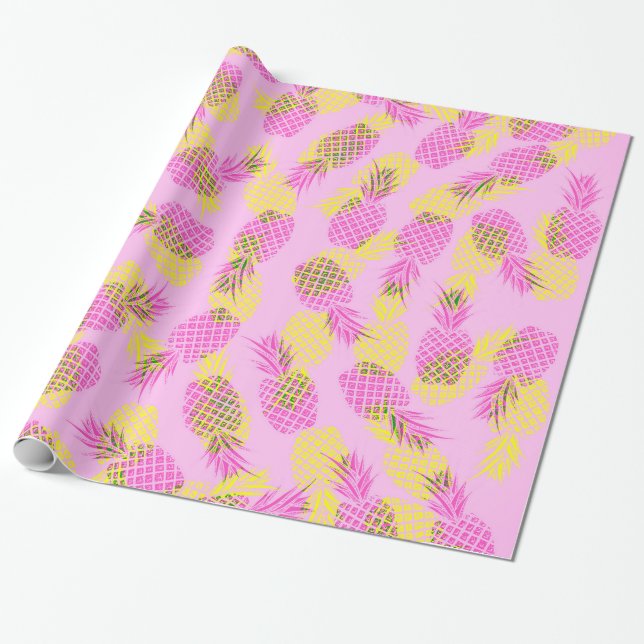 Neon Yellow and Pink Tropical Hawaiian Pineapples Wrapping Paper (Unrolled)