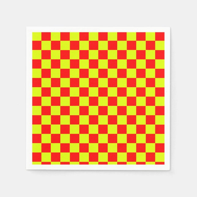Neon Yellow and Red Chequered Chequerboard Vintage Napkin (Front)