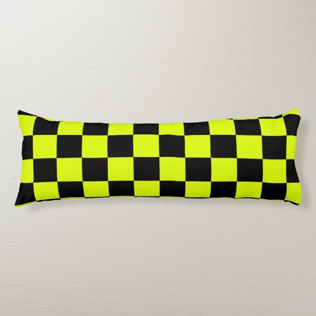 Neon Yellow Black Chequered Chequerboard Vintage Body Cushion (Front)