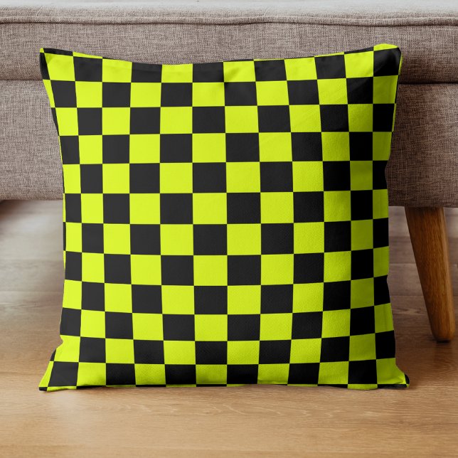 Neon Yellow Black Chequered Chequerboard Vintage Cushion (Creator Uploaded)