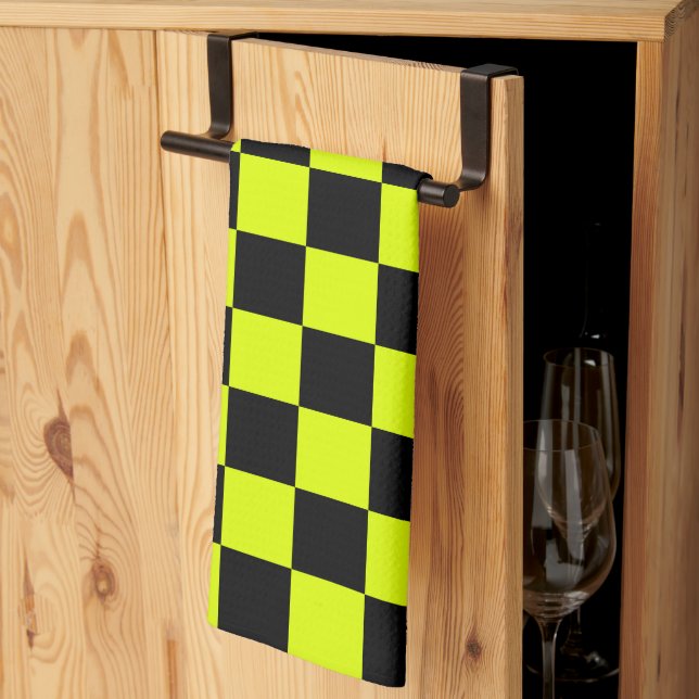 Neon Yellow Black Chequered Chequerboard Vintage Tea Towel (Thirds Fold)