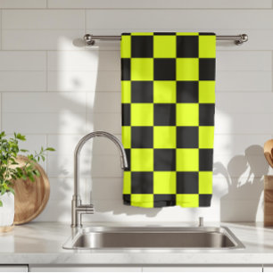 Neon Yellow Black Chequered Chequerboard Vintage Tea Towel