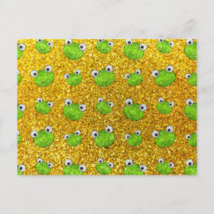Neon yellow frog head glitter pattern postcard