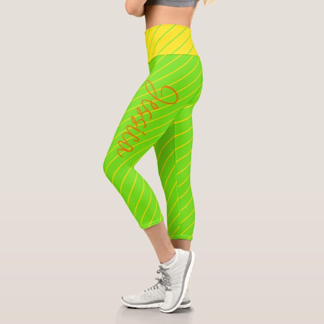 Neon Yellow Green Orange Yoga Sports Workout Capri Leggings (Left)