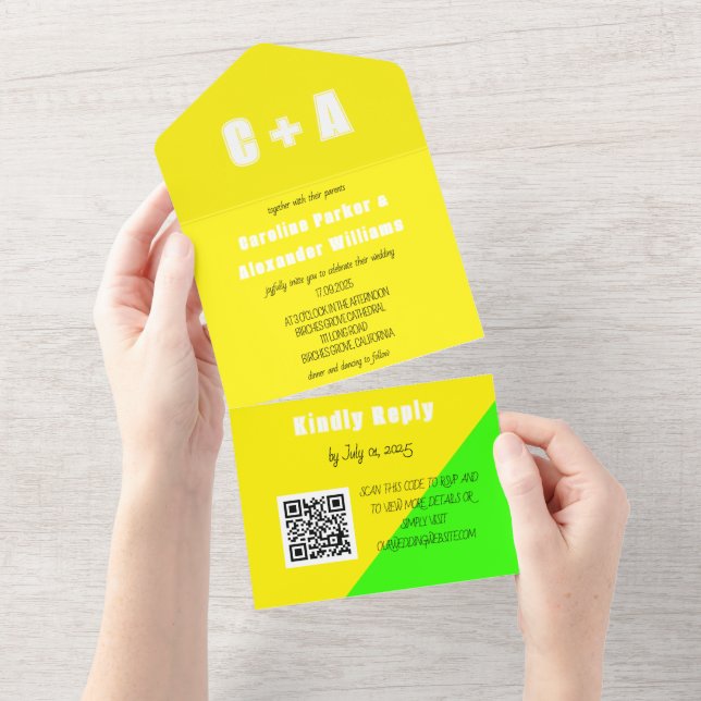 Neon Yellow Green Retro Modern Bold Elegant  All In One Invitation (Tearaway)