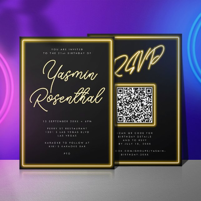 Neon Yellow Lights Black Modern RSVP Birthday Invitation (Black birthday invitation with neon yellow lettering and QR code on the back)