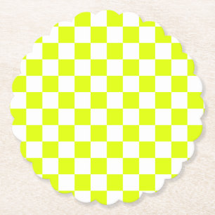 Neon Yellow White Chequered Chequerboard Vintage Paper Coaster