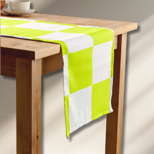 Neon Yellow White Chequered Chequerboard Vintage Short Table Runner