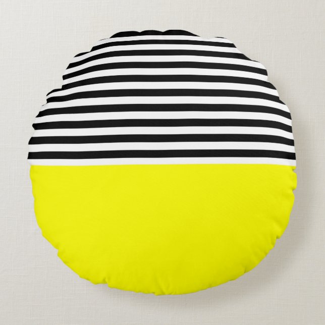 Neon Yellow With Black and White Stripes Round Cushion (Front)