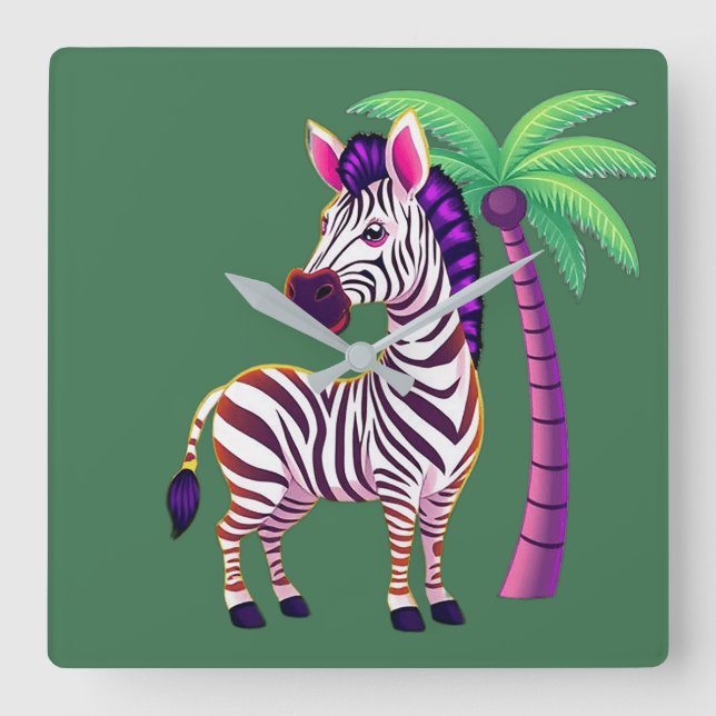 Neon Zebra Paradise Square Wall Clock (Front)