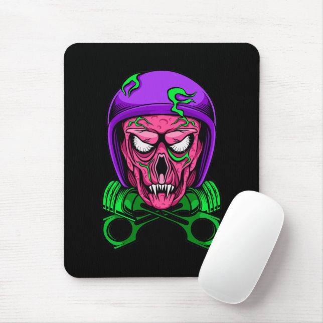Neon Zombie Biker Skull Cross Pistons Mouse Pad (With Mouse)