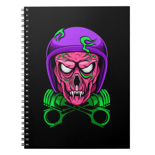 Neon Zombie Biker Skull Cross Pistons Notebook (Front)